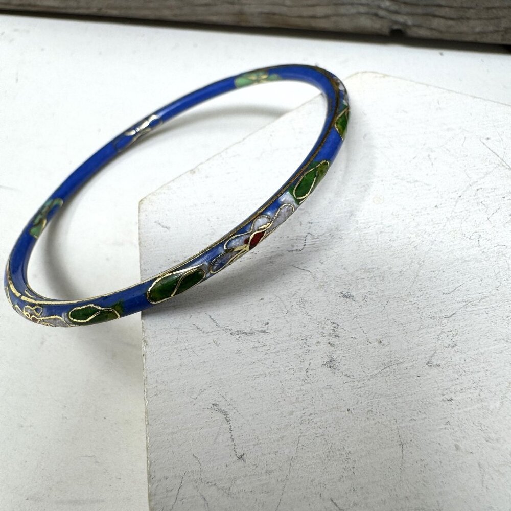 Vintage Blue Cloisonné Bangle Floral Design Blue n Pink